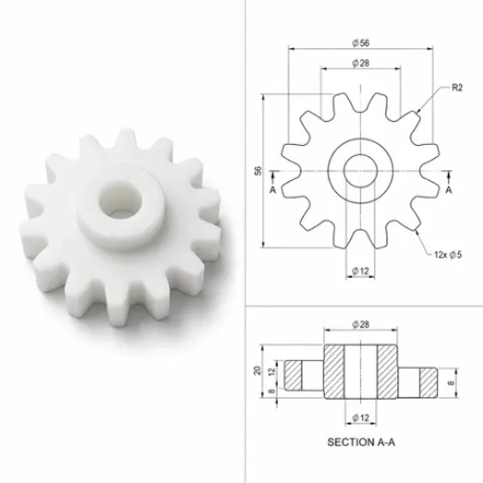 Токарная обработка шестерни силового редуктора из полиамида ПА6-ГС