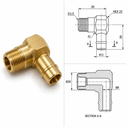 Точение резьбового угольника Rc1/2 (BSPT) из латуни ЛС59-1